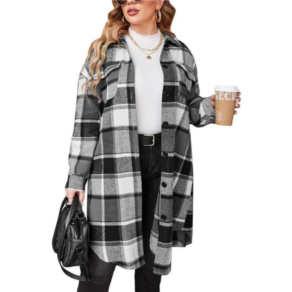 Womens Plus Size‎ Flannel Plaid Shirts Lounge Lapel Button Down Tartan Coats